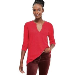LOFT Women's Red Long Sleeve V-Neck Waffle Knit Pullover Sweater‎ Size M